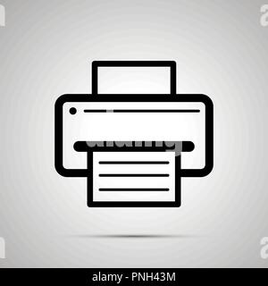 Printer symbol with sheet of paper with text, simple black icon with shadow Stock Vector