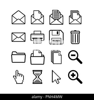 Set of general user interface pictograms for common operations like open,save,print and delete, simple black icons on white Stock Vector