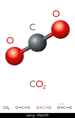 Carbon dioxide, CO2, molecule model and chemical formula. Carbonic acid gas. Colorless gas. Ball-and-stick model, geometric structure and formula. Stock Photo