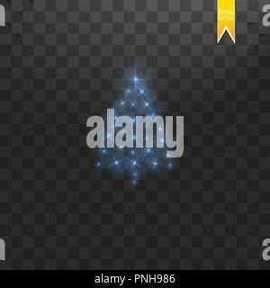 Christmas Tree made. Blue glitter bokeh lights and sparkles. Shining star, sun particles and sparks with lens flare effect on transparent background Stock Vector