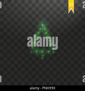 Christmas Tree made. Green glitter bokeh lights and sparkles. Shining star, sun particles and sparks with lens flare effect on transparent background Stock Vector