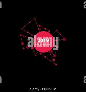 2019 New Year illustration made by points and lines, polygonal wireframe mesh on black background. Vector. Stock Vector