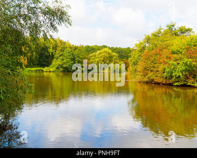 All around the nearly flat water of a small lake trees and shrubs begin to wear autumn colours. Weak late summer sky is reflected in the water. Stock Photo