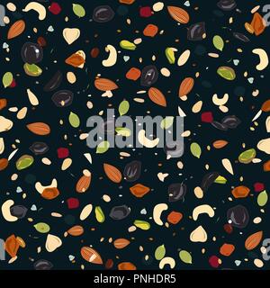 Seamless pattern with dried fruits, nuts, oatmeal, and seeds. Healthy and eco food, granola background. Vector illustartion, black background Stock Vector