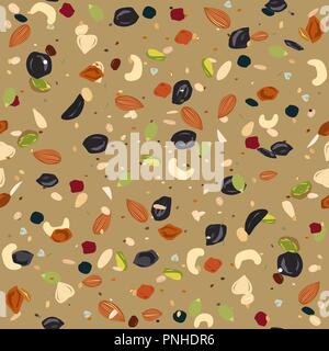 Seamless pattern with dried fruits, nuts, oatmeal, and seeds. Healthy and eco food, granola background. Vector illustartion Stock Vector