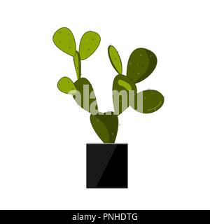 Prickly pear cactus in stylish black pot. Cactus flat vector illustration on white. Home potted flower. Opuntia icon, traditional Mexican plant. Vecto Stock Vector