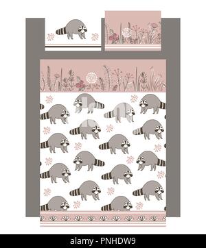 Luxury bedding set with cute raccoons and doodle flowers, one duvet and two pillows. Cute pastel brown and grey palette. Vector illustration. All temp Stock Vector