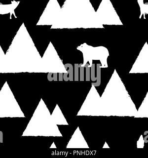 Polar white bears and foxes with triangle abstract mountains. Cute seamless pattern for christmas card, holiday wrapping paper, textile fabric, wallpa Stock Vector