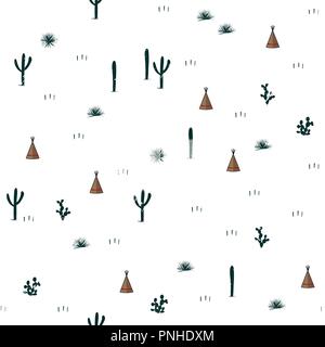 Seamless pattern with indian tents and cacti. Saguaro, opuntia, and wigwames. Vector illustration. Cute design for textile, clothing, wallpapers, and  Stock Vector