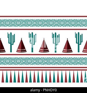 Indian tribal background. Simple flat wigwam, cactus, and ornament. Seamless pattern. Minimalist design. Cartoon illustration, vector Stock Vector