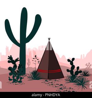 Horizontal vector banner with desert, tepee, saguaro, and prickly pear cactus. Mountains silhouette background. Wild west. Cartoon illustration. Panor Stock Vector