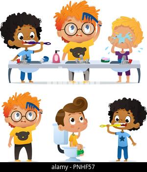 Vector Set of Illustration of cute kindergarten multiracial kids doing morning routine. Boy Brushing his teeth. Cute kindergarten Boy combs his tousle hair. Boy on the toilet Stock Vector