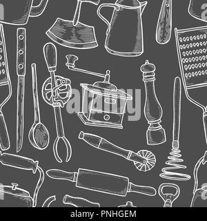 Set of old kitchen utensils in the style of engraving, Background black and white seamless Stock Vector