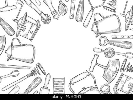 Sketch kitchen tools cooking utensils hand drawn vector image on