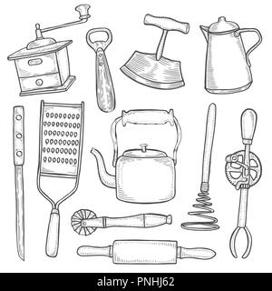 Set of kitchen utensils, engraving isolated on white vector illustration Stock Vector