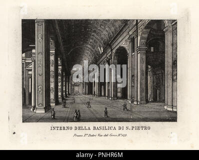 View of the interior of St. Peter's Basilica, Basilica Sancti Petri, Rome. Copperplate engraving from Pietro Datri's New Collection of Principal Views of Rome Ancient and Modern with the ruins of war, Rome, 1849. Stock Photo