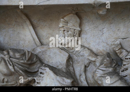 Italy. Pisa. Campo Santo. Stone sarcophagus. Relief of a roman soldier. Roman imperial era. Stock Photo