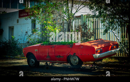 old red car with roof cut off and plants growing in it Stock Photo