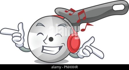 Listening music pizza cutter cartoon in the kitchen Stock Vector
