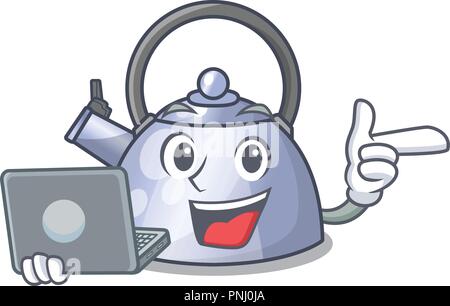 With laptop cartoon whistling kettle for gas cooker Stock Vector