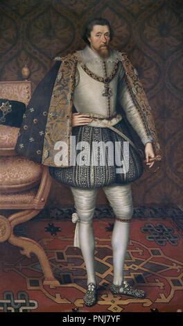 'James I of England', After 1603, Flemish School, Oil on canvas, 196 cm x 120 cm, P01954. Author: VAN SOMER PABLO EL VIEJO. Location: MUSEO DEL PRADO-PINTURA. MADRID. SPAIN. Stock Photo