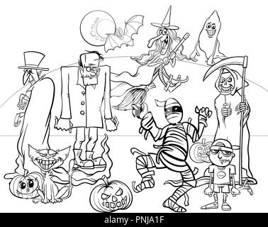 Black and White Cartoon Illustration of Halloween Holiday Monsters and Creatures Group Coloring Book Stock Vector