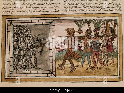 Diego Duran - Spanish and Indians Fighting in Tlaxcala Conquest of Mexico - 16th century Stock ...