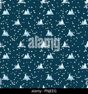 Seamless repeating pattern of Christmas trees and falling snow Stock Vector
