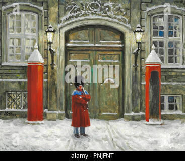 Fischer  Paul Gustave - a Royal Guard Keeps Watch at Amalienborg Palace Square in Winter Stock Photo