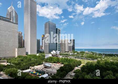 View of Lake Michigan and Millennium Park with the sculpture Cloud Gate, The Bean, by British artist Anish Kapoor and the Pritzker Pavilion, Chicago. Stock Photo