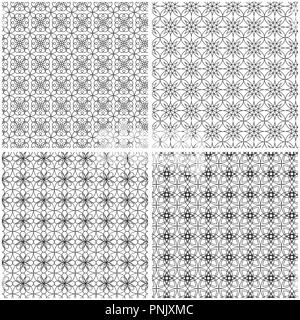 Four abstract seamless vector patterns with curved lines in black color on the white background, vector hand drawing Stock Vector