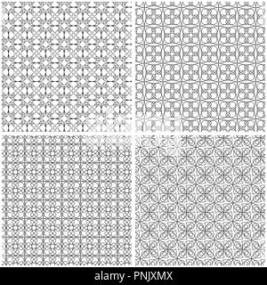 Four abstract seamless grids with interlacing black lines on the white background, vector hand drawing Stock Vector