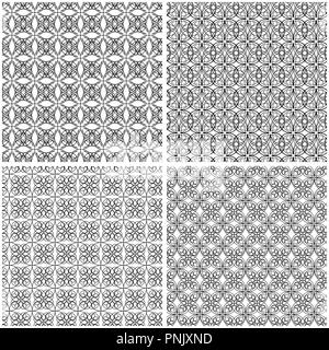 Set of four abstract seamless grids with interlacing black lines on the white background, vector hand drawing Stock Vector