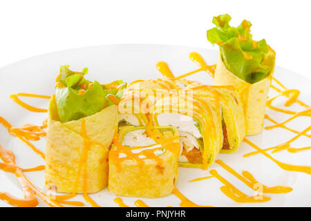 Rolls in pita bread, cheese tortilla, with vegetables, chicken meat, tomato, lettuce leaves, mustard sauce, food on plate, white isolated background c Stock Photo