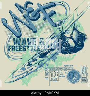 Windsurfer on windsurfing board with wave on graphic background, vector template. Cartoon, flat style, silhouette, lettering Stock Vector