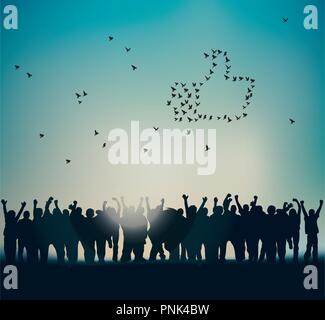 Like icon of flying birds in sky and group happy people. Color vector illustration. EPS8 Stock Vector
