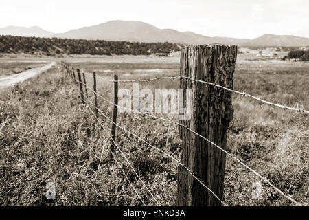 Black & white Sepia tone view of barbed wire fence; central Colorado; USA Stock Photo