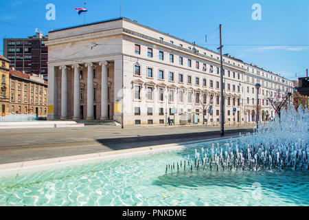 Croatian national bank palace and fountain in Zagreb Stock Photo