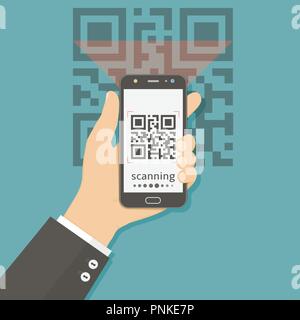 Flat vector illustration concept for scanning QR code with mobile phone Stock Vector