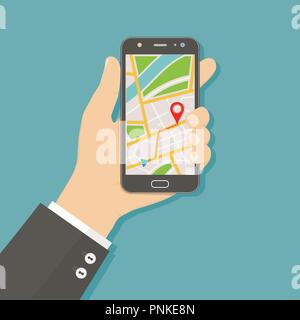 Hand holding smartphone with gps navigation map on screen. Mobile navigation concept. Flat vector illustration. Stock Vector