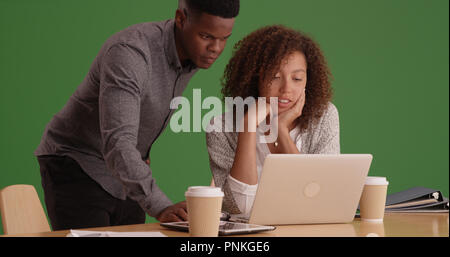 Two black office employees working on laptop on green screen Stock Photo
