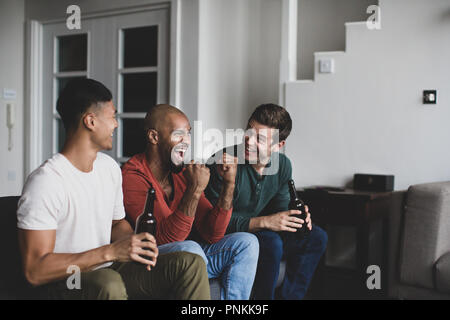 Male friends watching sports on TV Stock Photo