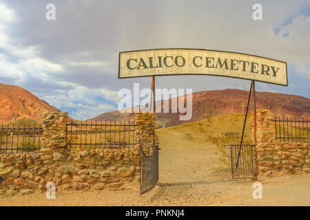 Entrance to Calico Ghost Town old Cemetery of 1890. The mining town of Calico is located near Barstow in San Bernardino county. Calico is State Historic Landmark. Stock Photo