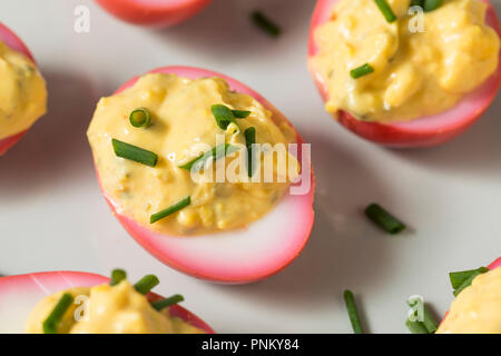 Homemade Pink Pickled Deviled Eggs with Chives Stock Photo