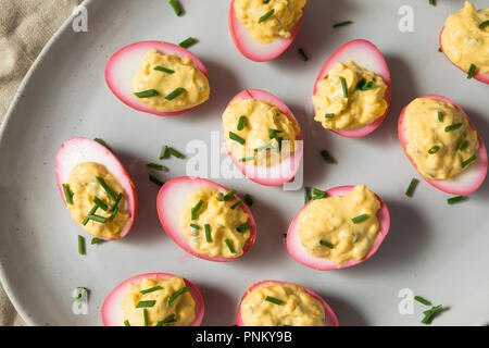 Homemade Pink Pickled Deviled Eggs with Chives Stock Photo