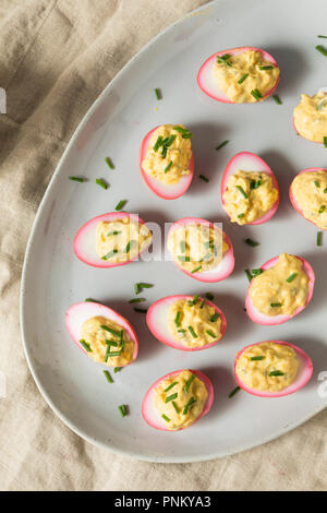 Homemade Pink Pickled Deviled Eggs with Chives Stock Photo