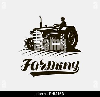 Farming, agriculture logo or label. American retro farm tractor icon. Vector illustration Stock Vector