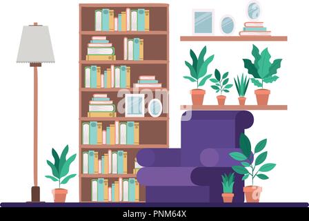 livingroom with library scene Stock Vector