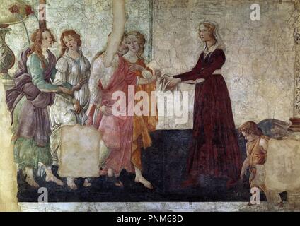 Venus and the Graces offering gifts to a young girl - 1486 - 211x283 cm - fresco - Italian Renaissance. Author: BOTTICELLI, SANDRO. Location: LOUVRE MUSEUM-PAINTINGS. France. Stock Photo