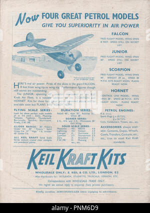Vintage advert for Keil Kraft model airplanes on the back cover of the Aeromodeller magazine dated May 1946 showing various model kits. Keil Kraft ended in the 1970s but models and plans are still available. Stock Photo